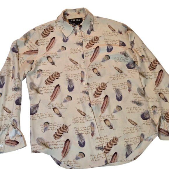 🦚CACTUS Blouse  100% Silk  Size 8 feathers print - Picture 1 of 16